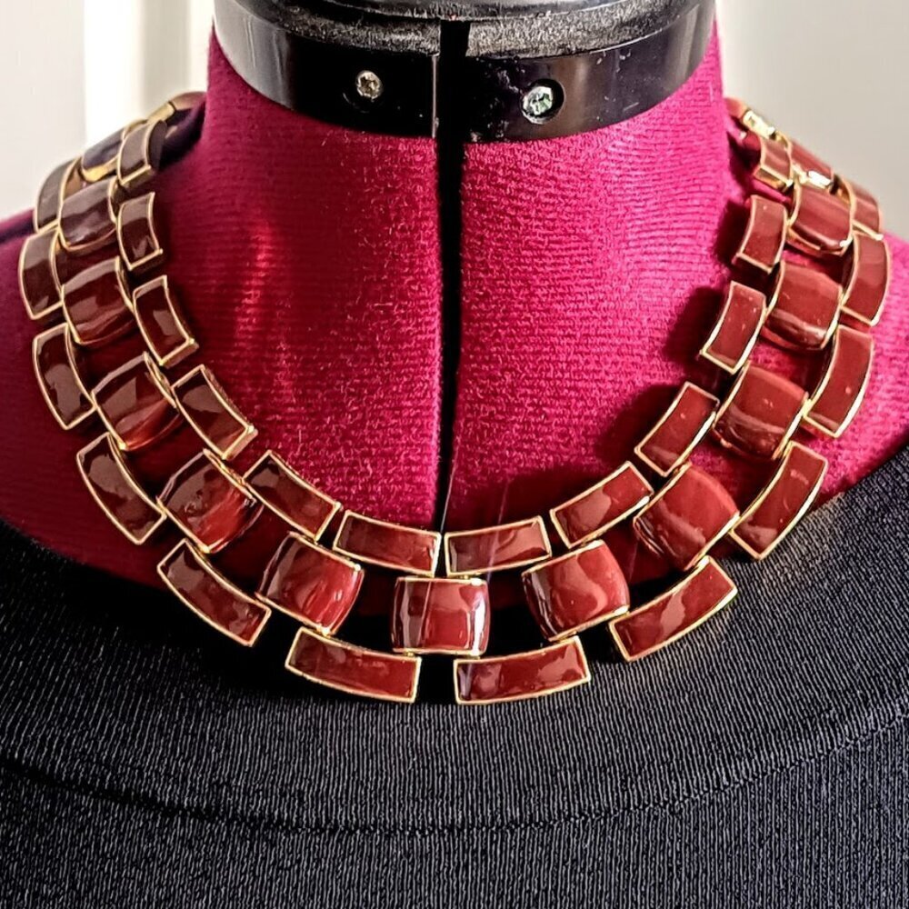 Burgundy Red Enamel Geometric Chain Link Necklace